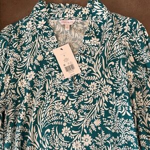 Crown & Ivy Teal and White Floral Blouse